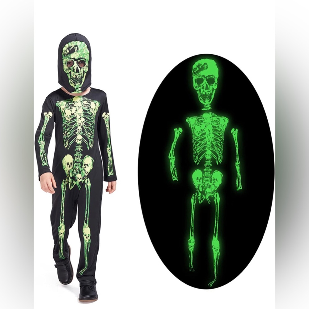 Kids Skeleton Halloween Costume Glow in Dark Mask & Jumpsuit Dia Los Muertos NEW